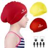 2 Pack Kids Swim Caps for Long/Short Hair, Unisex Silicone Swimming Cap for Age 3-15 Children Toddler Youth Teen, Waterproof Shower Cap Bathing Hats for Girls Boys with Ear Plugs & Nose Clip-5 view 1