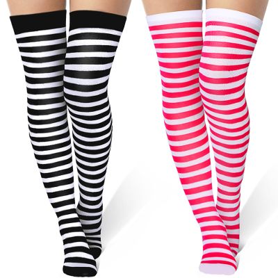 SATINIOR 2 Pairs St. Patrick's Day Shamrock Thigh High Socks Long Tube Striped Socks Cotton Cute Knee High Stockingsgifts (Black,Pink,White)