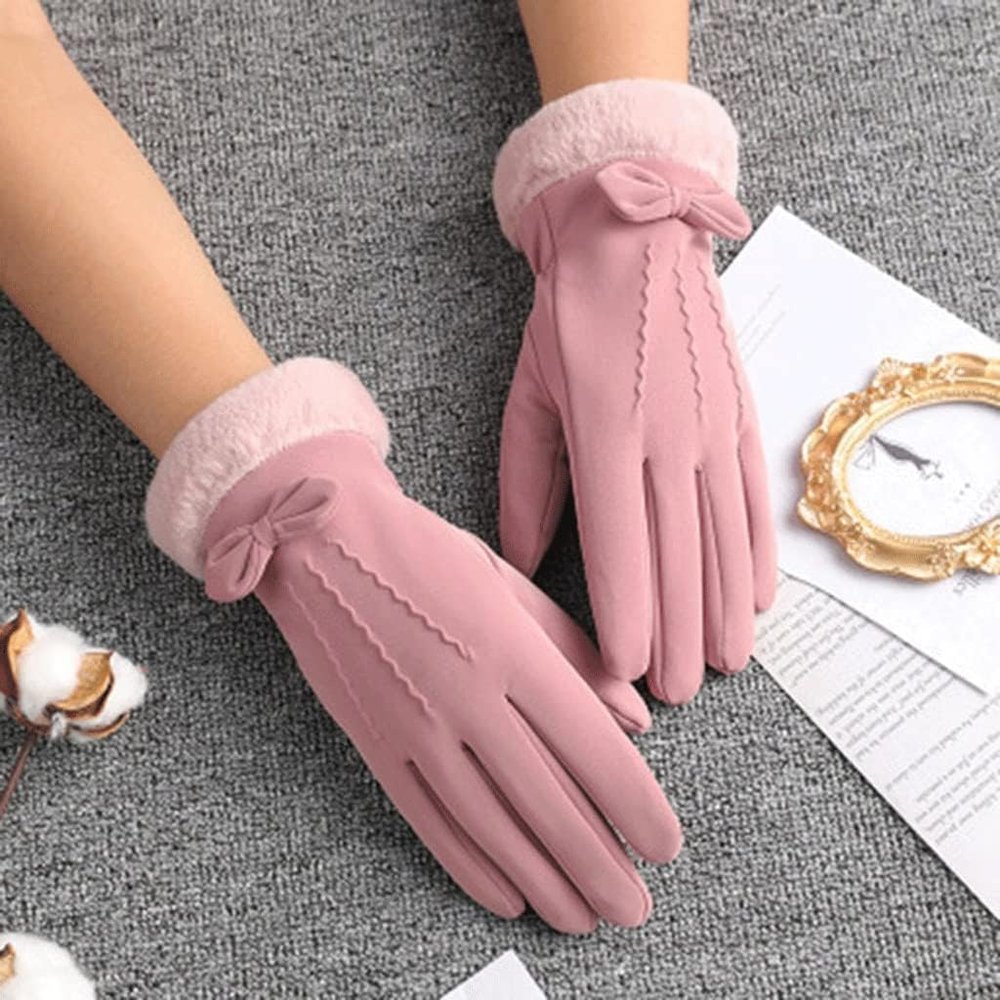 BKEKM Thermal Glove Cute Bow Cycling Gloves Velvet Waterproof Ski Gloves Touch Screen Cashmere Thicken for Women Winter Gloves