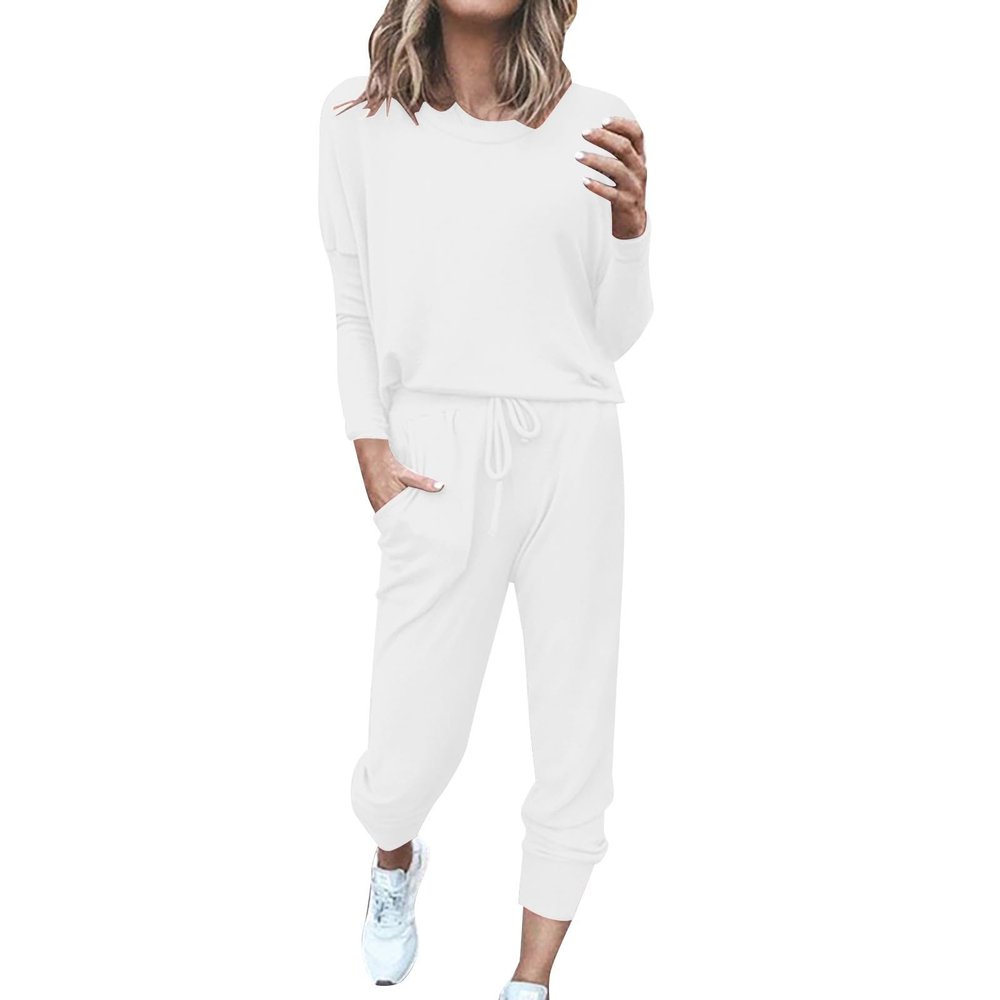 QWENTMTNTY Lounge Sets for Women Plus Size 2 Piece Tops Long Pants Jogging Outfits Jogger Set Workout Sweat Suit Womens Comfy Loungewear White 3XL