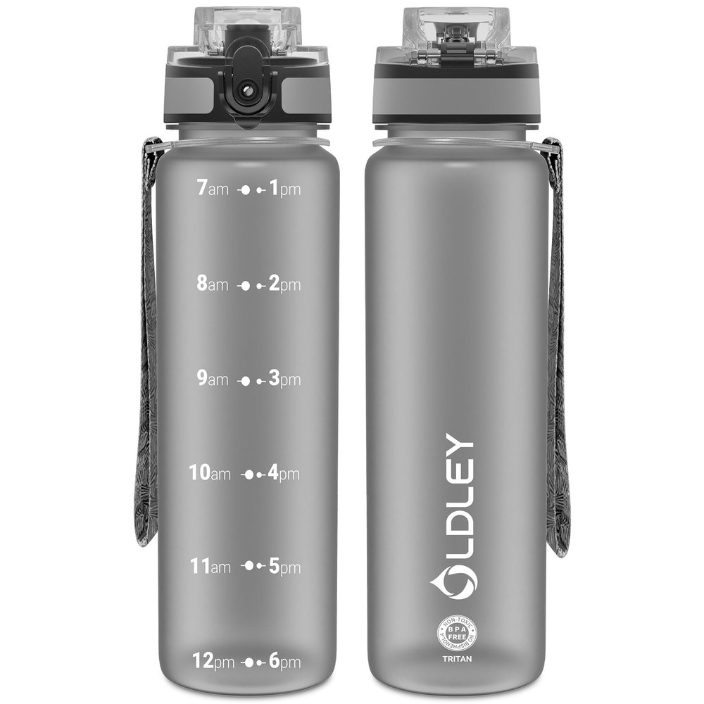 OLDLEY 32 oz Water Bottle, Motivational Water Bottle with Time Marker, Sports Water Bottle With Strap, Leakproof & BPA Free Large Water Bottles for School, Gym, Travel, Outdoor, Tritan,Gray