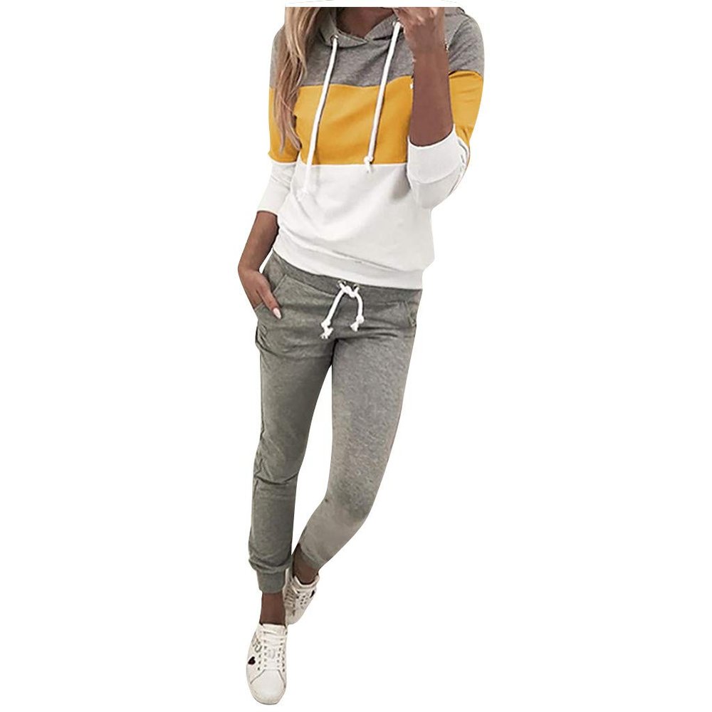 QWENTMTNTY Lounge Sets for Women Plus Size 2 Piece Tops Long Pants Jogging Outfits Jogger Set Workout Sweat Suit Womens Comfy Loungewear Yellow Small