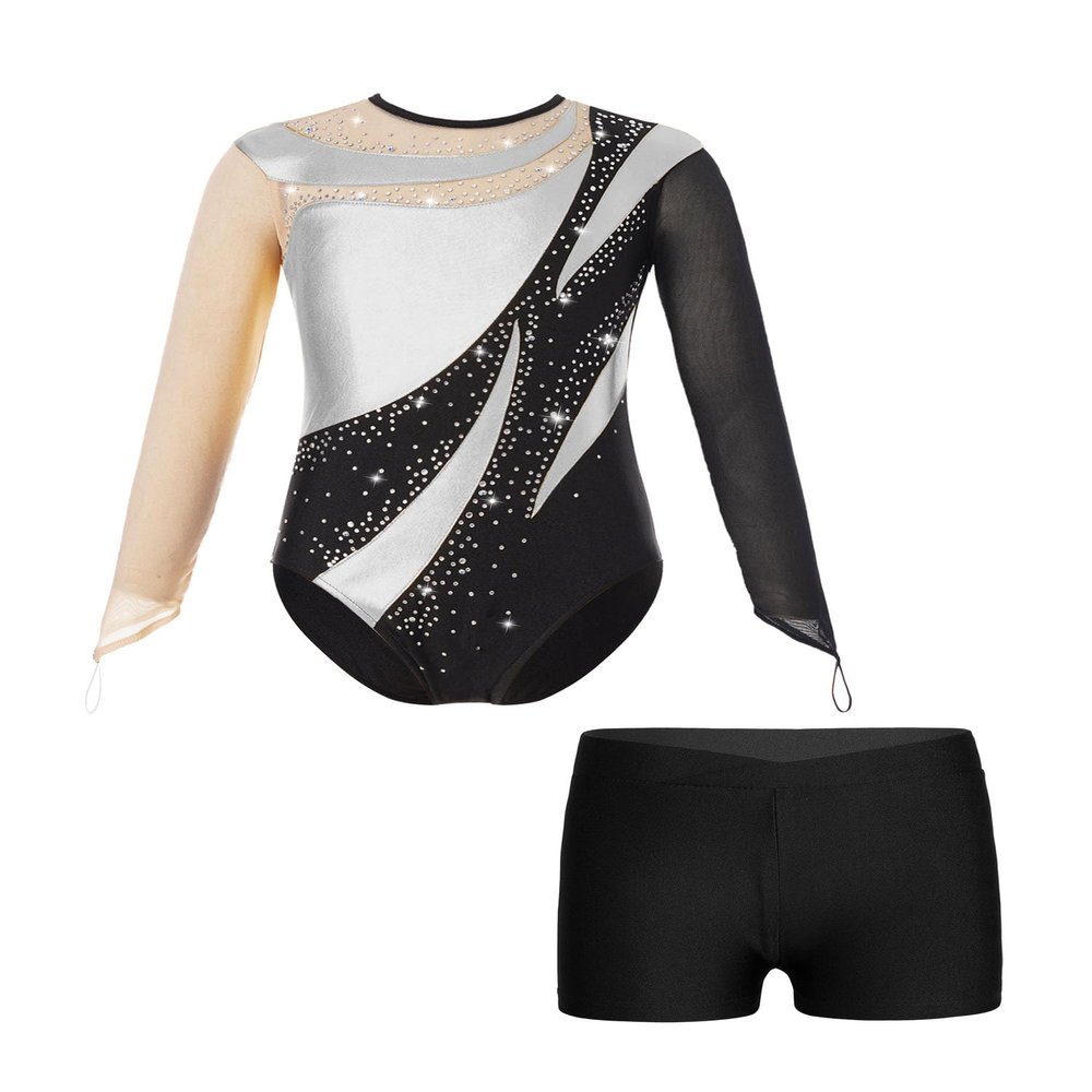 Xnihocha Kids Girls Mesh Long Sleeve Gymnastics Leotards with Athletic Shorts Sets Biketard Dance Outfits Silver&Black A 12 Years