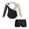 Xnihocha Kids Girls Mesh Long Sleeve Gymnastics Leotards with Athletic Shorts Sets Biketard Dance Outfits Silver&Black A 12 Years view 2