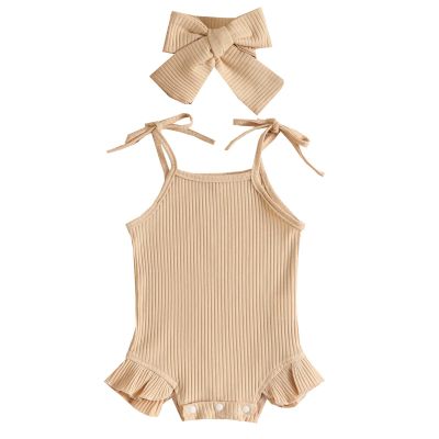 KAGAYD Newborn Outfits Baby Girl Sleeveless Solid Color Ribbed Ruffles Romper Newborn Girls Bodysuits With (Beige, 0-6 Months)