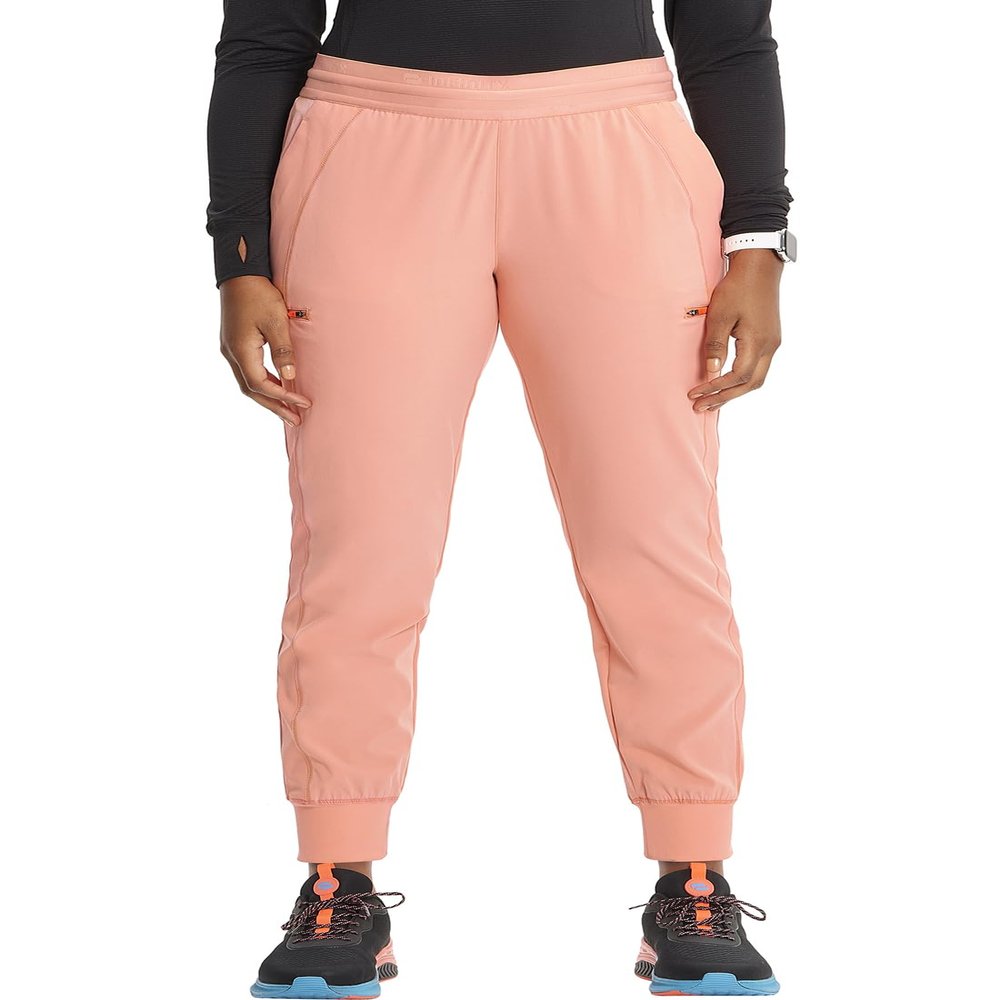 Cherokee Infinity Womens Pull-On Scrub Jogger Pants Mid Rise Bottoms, 4 Pockets, Elastic Waist Interior Drawstring - IN122A, L Petite, Electric Coral