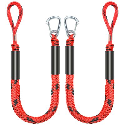 4 Feet Bungee Dock Line Mooring Rope for Docking with Stainless Steel Clip Accessories for Boats PWC, Built in Snubber, Kayak, Watercraft,SeaDoo,Jet Ski, Pontoon, Canoe, Power Boat 2-Pack (Red&Black)