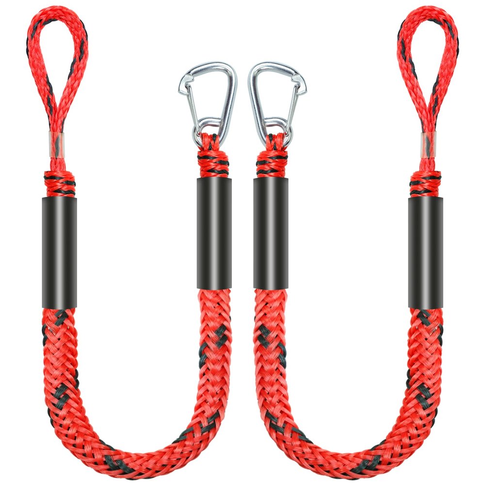 4 Feet Bungee Dock Line Mooring Rope for Docking with Stainless Steel Clip Accessories for Boats PWC, Built in Snubber, Kayak, Watercraft,SeaDoo,Jet Ski, Pontoon, Canoe, Power Boat 2-Pack (Red&Black)