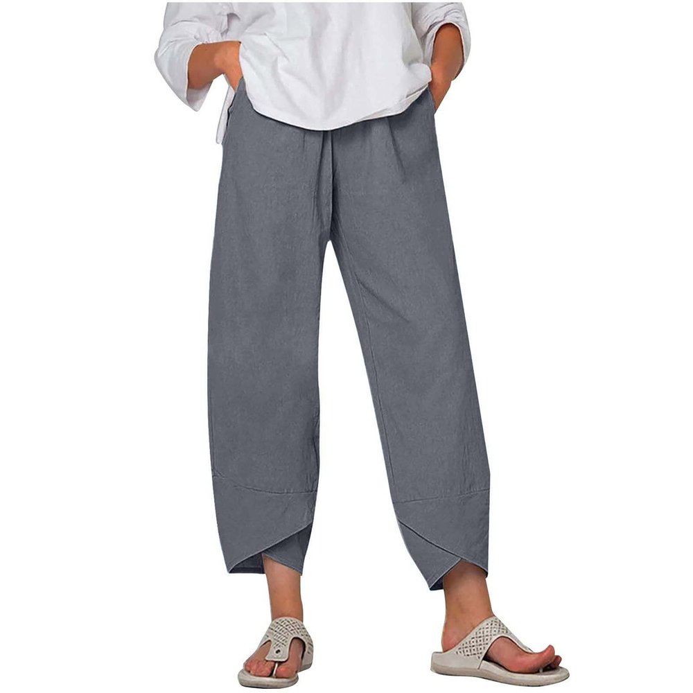 IEPOFG Husband Linen Pants for Women 2024 Lightweight Elastic High Waist Capri Wide Leg Cropped Pants Daily Wear to Work Cotton Pants Gray