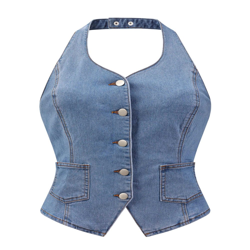 Allegra K Denim Vest for Women's Halter Neck Button Down Backless Jean Waistcoat X-Large Blue