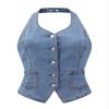 Allegra K Denim Vest for Women's Halter Neck Button Down Backless Jean Waistcoat X-Large Blue view 1