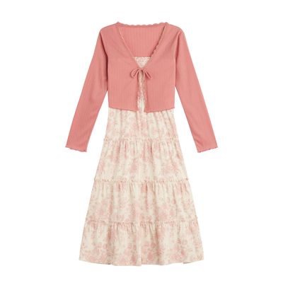 Beautees Girl's Sleeveless Smocked Tiered Maxi Dress and Cardigan, Blush/Floral, 8