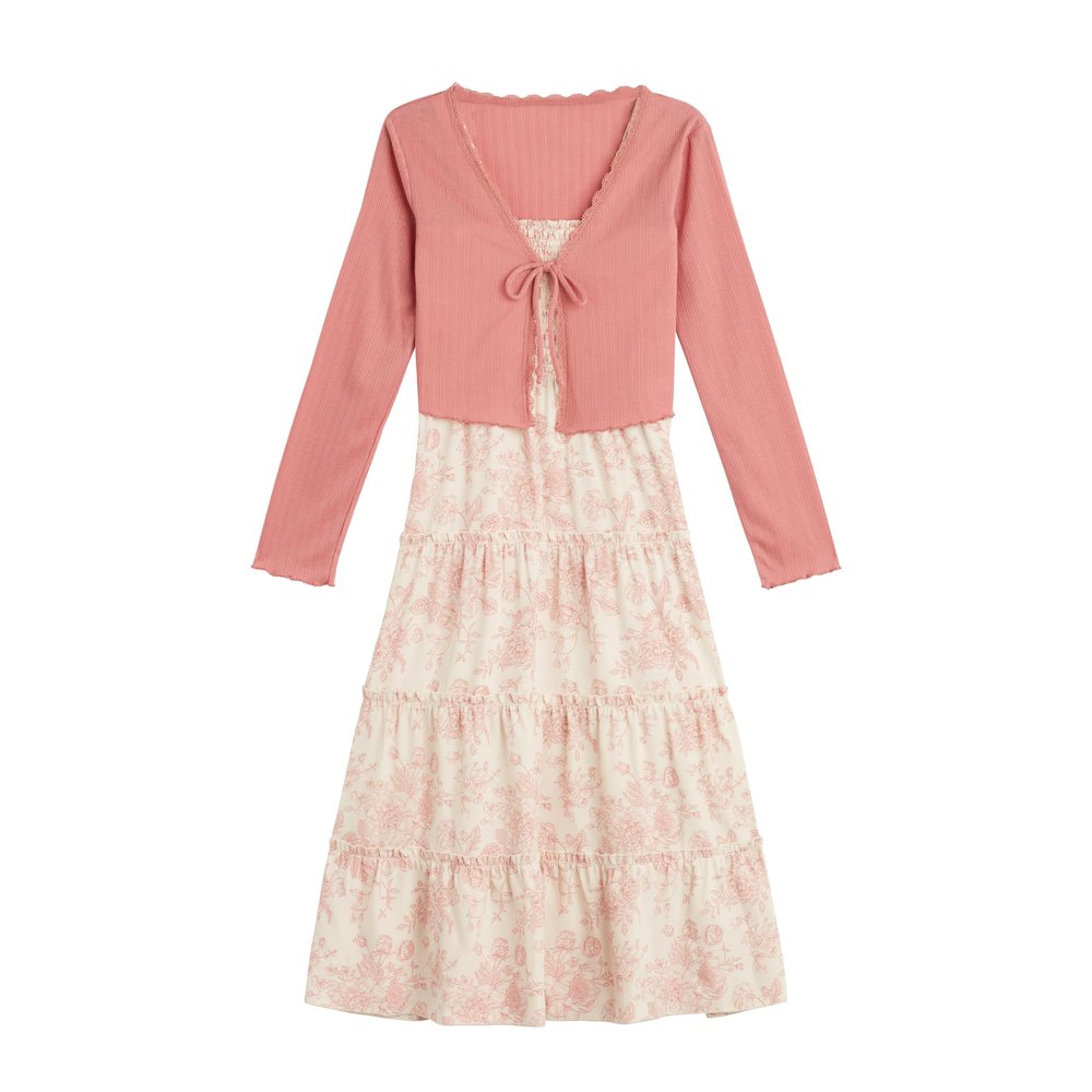 Beautees Girl's Sleeveless Smocked Tiered Maxi Dress and Cardigan, Blush/Floral, 8