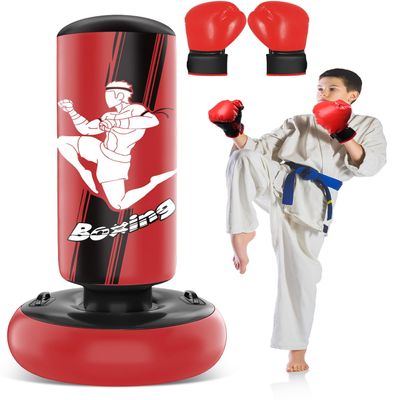 66 Inch Inflatable Punching Bag for Kids, Freestanding Punching Bag for Teen, Boxing Bag with Boxing Gloves for Practicing MMA Karate Taekwondo and Relieve Pent Up Energy(Red)