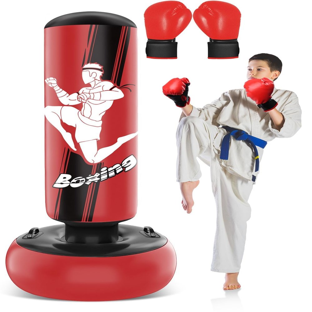 66 Inch Inflatable Punching Bag for Kids, Freestanding Punching Bag for Teen, Boxing Bag with Boxing Gloves for Practicing MMA Karate Taekwondo and Relieve Pent Up Energy(Red)