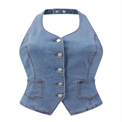 Allegra K Denim Vest for Women's Halter Neck Button Down Backless Jean Waistcoat Small Blue