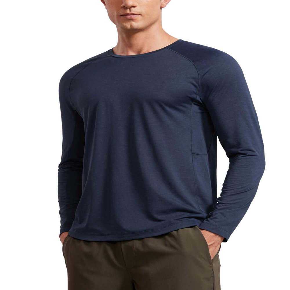 CRZ YOGA Crewneck Workout Long Sleeve Shirts for Men - Quick Dry Running Athletic T-Shirts Lightweight Basic Tops Navy-Heather X-Large