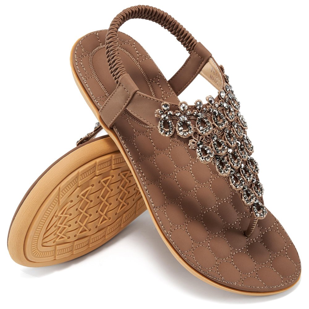 HARENCE Womens Summer Flats Sandals: Casual Bohemian Dressy Thong Flat Shoes Comfortable Slip on Elastic Ankle Strap Beach Sandal