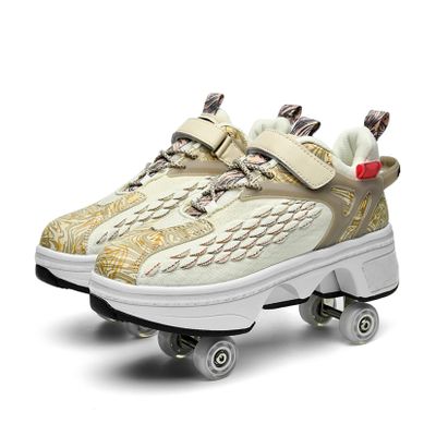 Htftmy Roller Skate Shoes for Kids & Adult, Double-Row Invisible Roller Skates Shoes, 2 in 1 Multifunctional Sneakers with Invisible Wheels, Womens Rolling Shoe with Retractable Wheels Beige