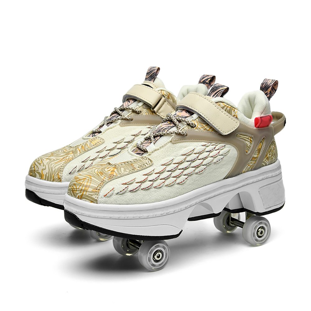 Htftmy Roller Skate Shoes for Kids & Adult, Double-Row Invisible Roller Skates Shoes, 2 in 1 Multifunctional Sneakers with Invisible Wheels, Womens Rolling Shoe with Retractable Wheels Beige