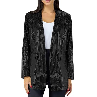 2024 Women's Sequin Jackets Open Front Blazer Jacket Casual Long Sleeve Sparkly Cardigan Coat with Pocket 2024 Fashion Black