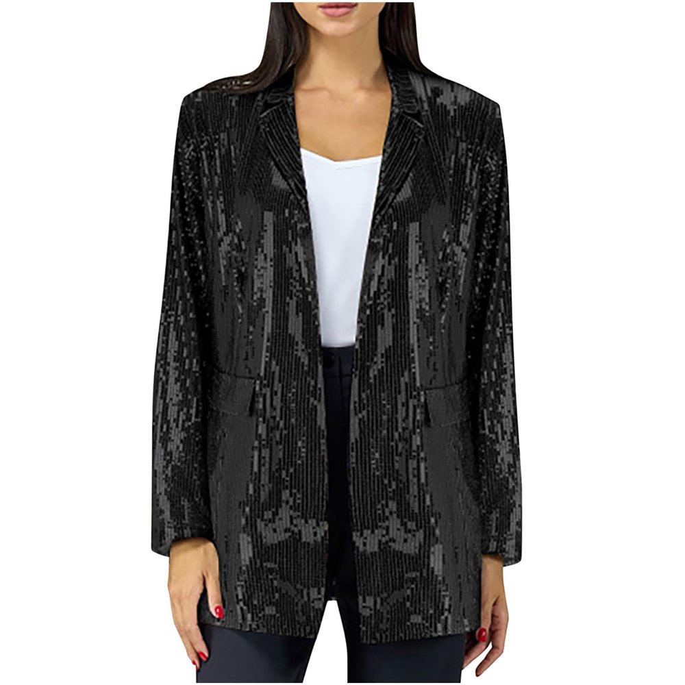 2024 Women's Sequin Jackets Open Front Blazer Jacket Casual Long Sleeve Sparkly Cardigan Coat with Pocket 2024 Fashion Black