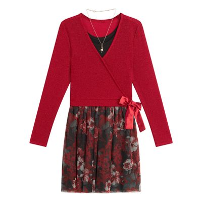 Beautees Girls' Wrap Front Popover Dress with Sequin Mesh Skirt and Necklace, Red/Floral