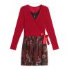 Beautees Girls' Wrap Front Popover Dress with Sequin Mesh Skirt and Necklace, Red/Floral view 1