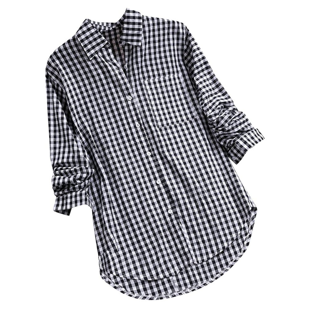 Long Sleeve Workout Tops for Women Spring Going Out Plus Size for Ladies Boho Long Sleeve Plaid Loose Fit Black 3XL