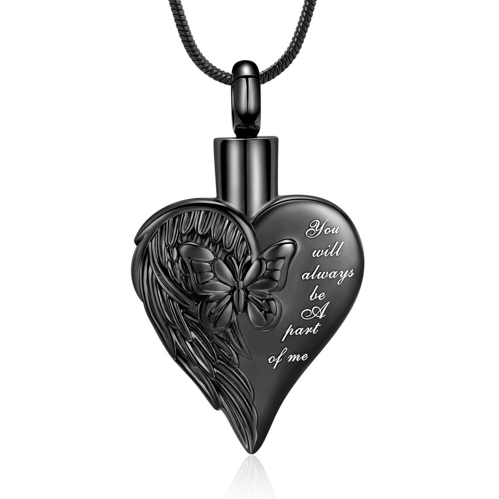 XSMZB Butterfly Heart Cremation Jewelry for Ashes for Women Men Keepsake Urn Necklace Ashes Holder Memorial Pendant Locket(Black)