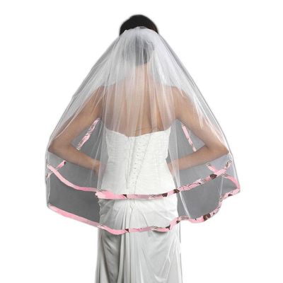 DINGZANCAMO Tulle and Pink Camo Trimmed Wedding Veil Bridal Hair Accessory (Light Ivory)
