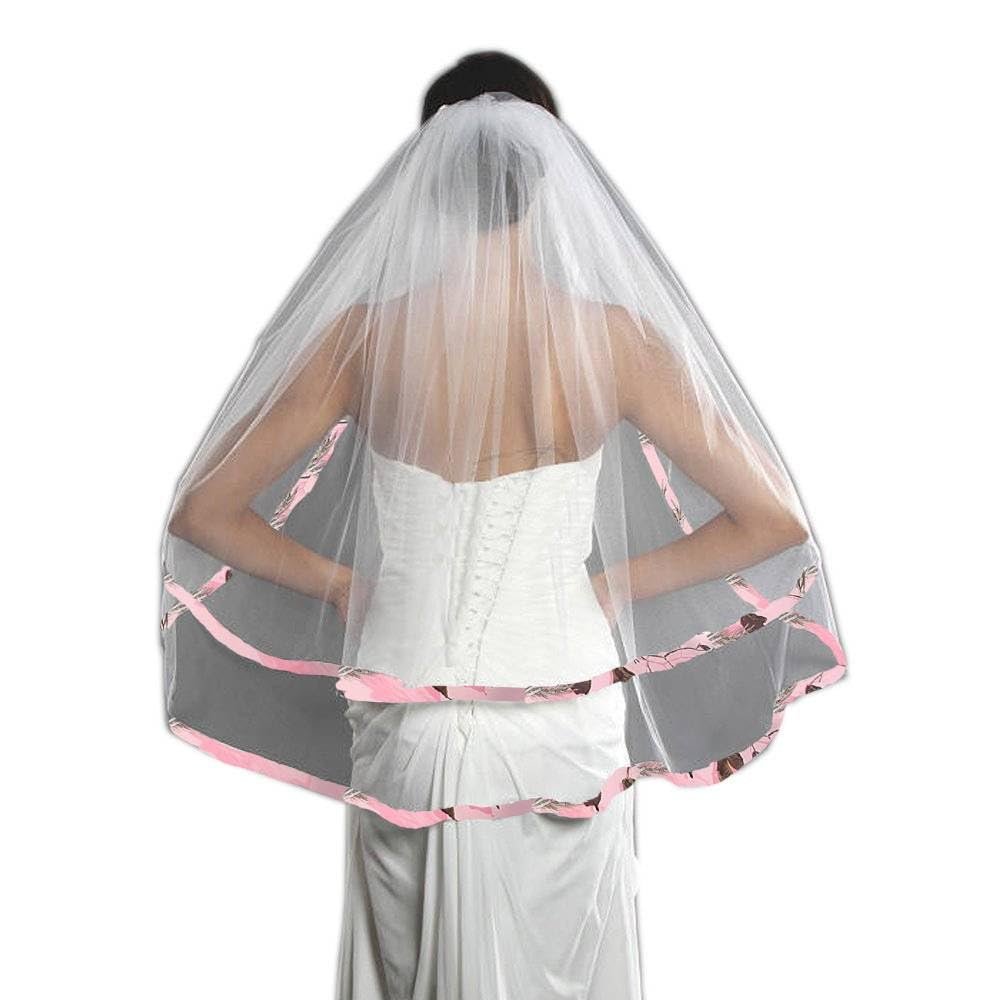 DINGZANCAMO Tulle and Pink Camo Trimmed Wedding Veil Bridal Hair Accessory (Light Ivory)