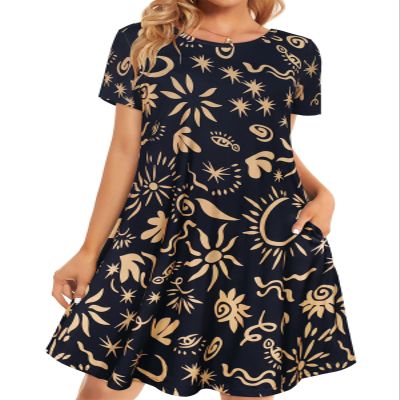 elescat Sundresses for Women Short Sleeve Casual Beach Round Neck Loose Swing T Shirt Dress with Pockets(Black Sun Star, 3XL)