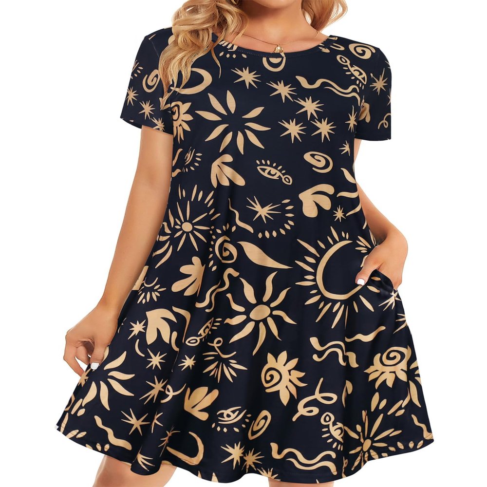 elescat Sundresses for Women Short Sleeve Casual Beach Round Neck Loose Swing T Shirt Dress with Pockets(Black Sun Star, 3XL)