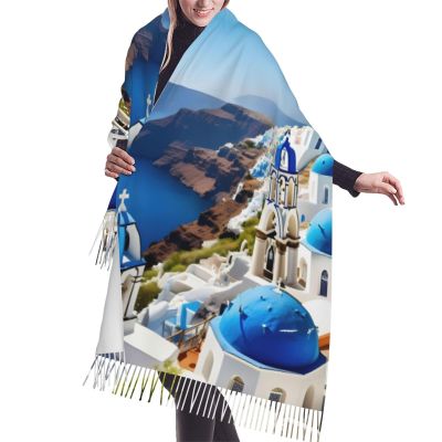 YQxwJL Greek Island sea View print Winter Warm Scarfs for Women, Pashmina Shawls Wraps, Large Warm Soft Scarves