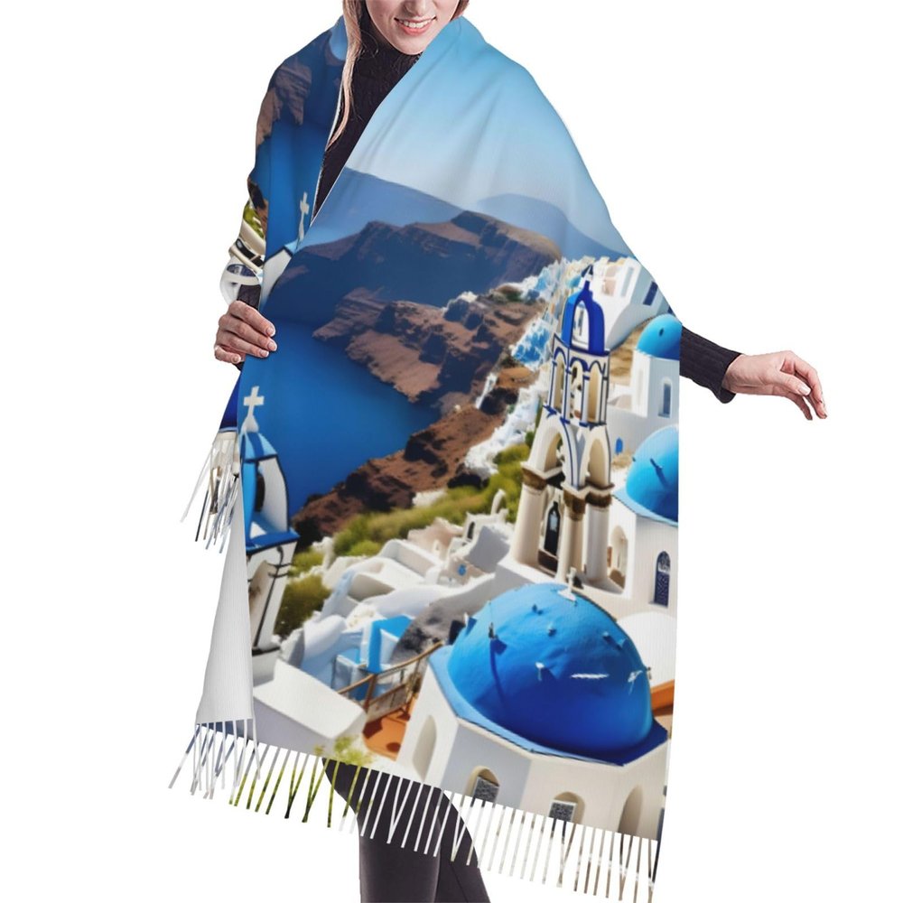YQxwJL Greek Island sea View print Winter Warm Scarfs for Women, Pashmina Shawls Wraps, Large Warm Soft Scarves