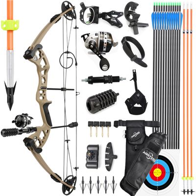 Archery Bowfishing Compound Bow Kit with Bowfishing Reel, Right Hand Compound Bow for Adult/Youth Fishing Hunting, Target Shooting (Left Hand, Earthy)