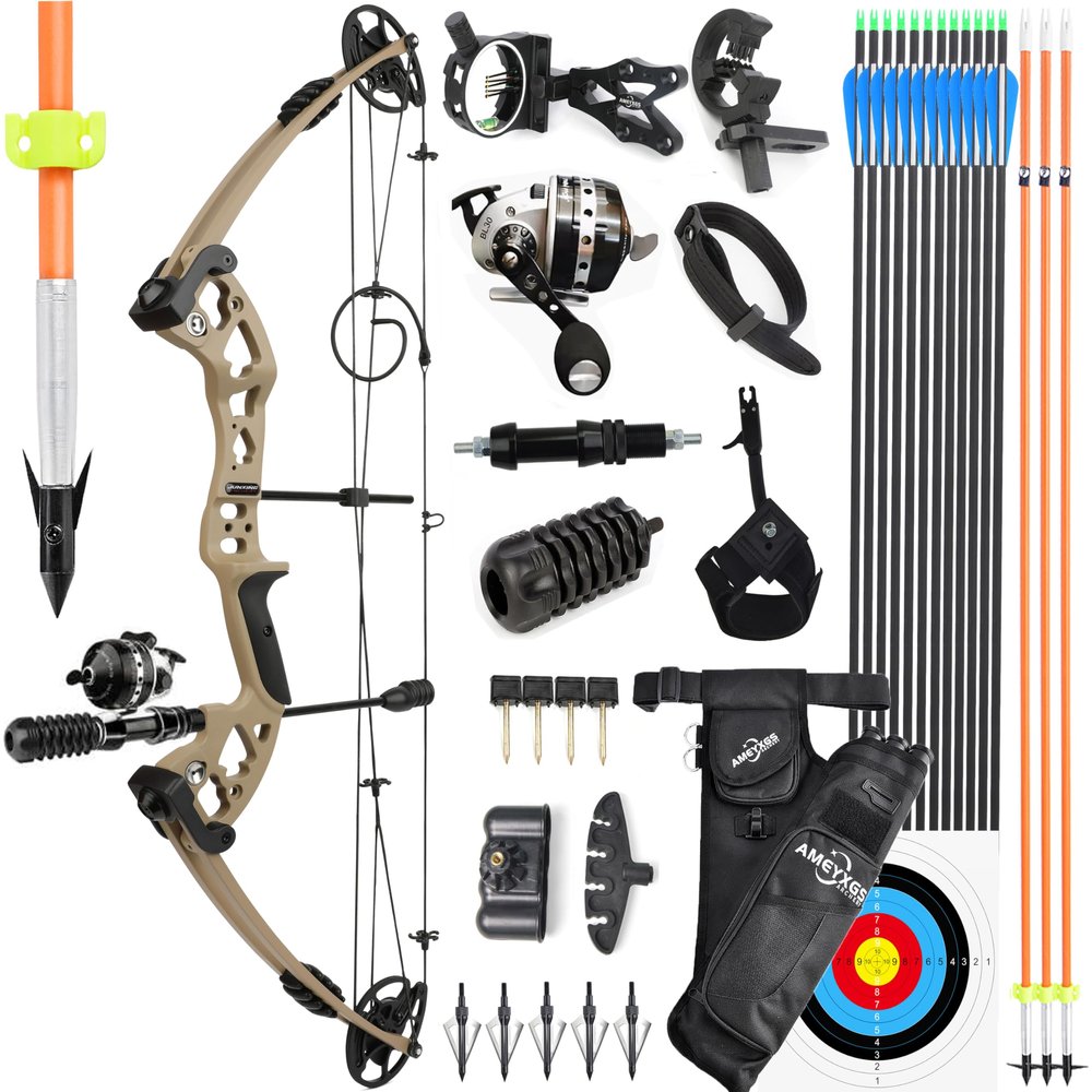 Archery Bowfishing Compound Bow Kit with Bowfishing Reel, Right Hand Compound Bow for Adult/Youth Fishing Hunting, Target Shooting (Left Hand, Earthy)