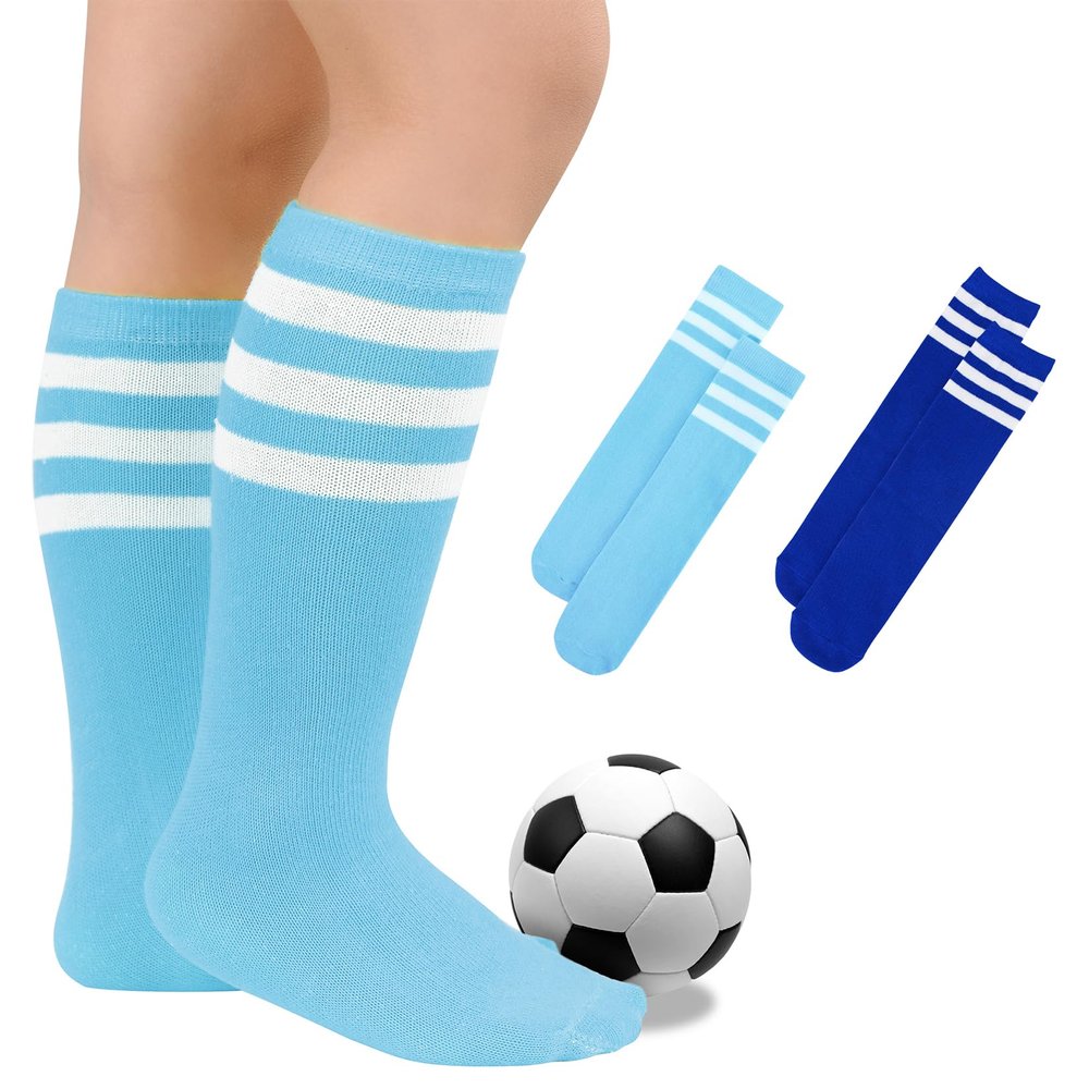 Kids Toddler Youth Cotton Soccer Socks Knee High Soft Tube Socks Long Sport Stockings for Boys Girls Lake White & Royal White 6-9 Years