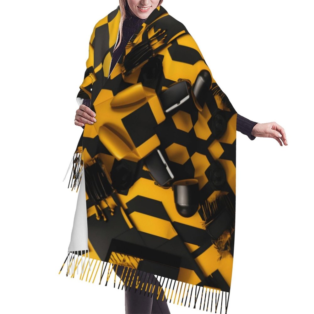 Mustard Yellow and Black print Winter Warm Scarfs for Women, Pashmina Shawls Wraps, Large Warm Soft Scarves