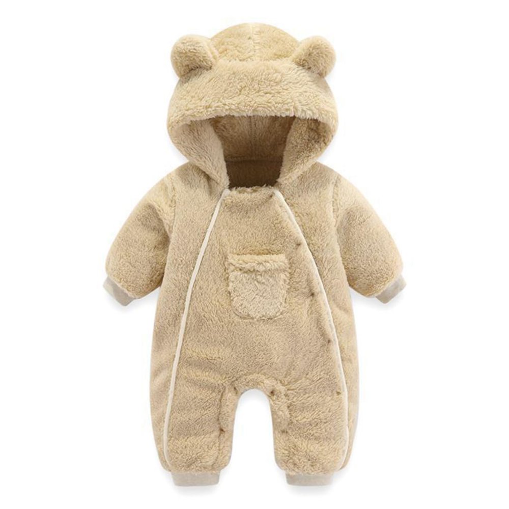 YONGHS Newborn Girls Boys Winter Fleece Snowsuit Bear Ear Hooded Romper Outerwear Front Pocket Jumpsuit Khaki 3-6 Months
