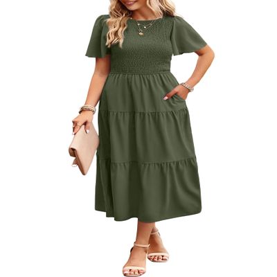 Aovenlia Summer Dresses for Women 2024 Casual Midi Dress with Pockets Boho Crew Neck Elastic Waist Smocked Tiered Dress Army Green, Medium