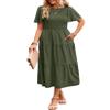 Aovenlia Summer Dresses for Women 2024 Casual Midi Dress with Pockets Boho Crew Neck Elastic Waist Smocked Tiered Dress Army Green, Medium view 1