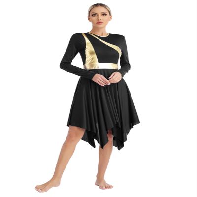 iiniim Liturgical Praise Dance Dress for Women Sleeveless Metallic Gold Color Block Lyrical Dance Costume Black_Long Sleeve Medium
