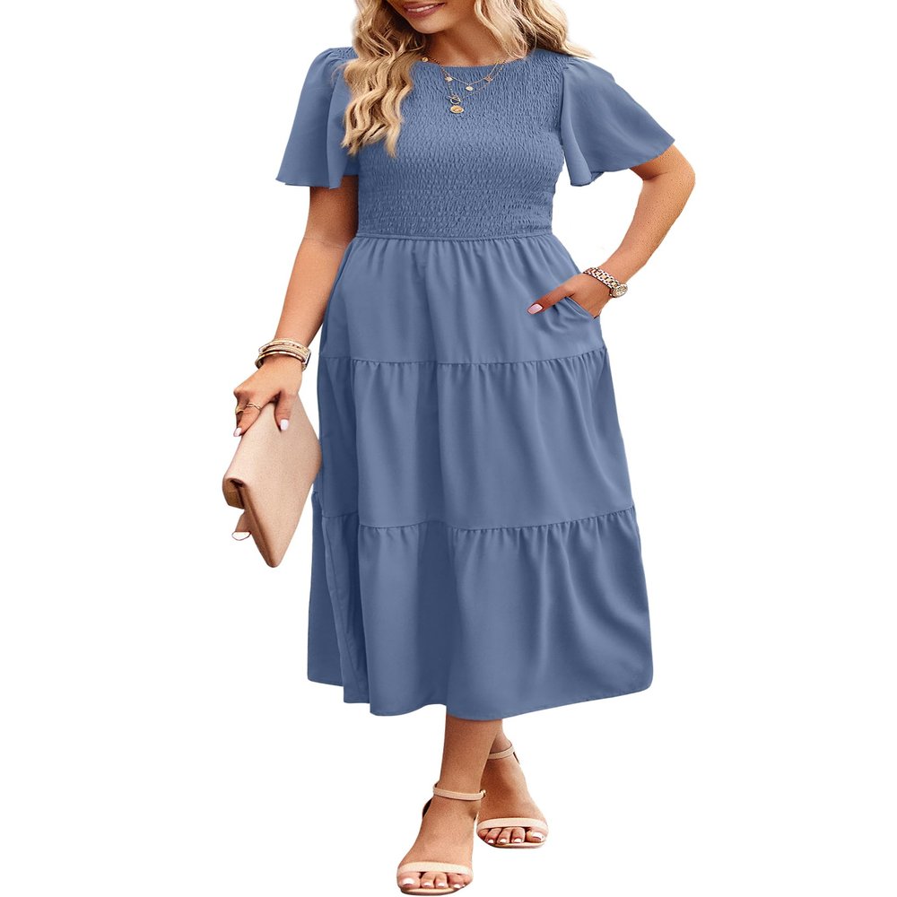 Aovenlia Summer Dresses for Women 2024 Casual Midi Dress with Pockets Boho Crew Neck Elastic Waist Smocked Tiered Dress Dusty Blue