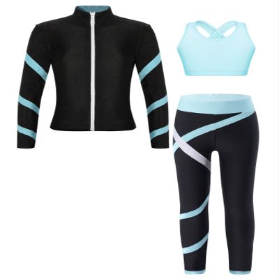 YiZYiF Kids Girls Figure Ice Skating Gym Training Suit Long Sleeve Jacket Sleeveless Crop Tops with Skating Pants Set Light Blue 10 Years