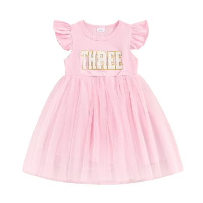 Baby Girls My 1st Birthday Outfits One Romper Two/Three Tutu Skirt Ruffle Embroidery Letter Summer Clothes(3-4 Years, Pink-Three)