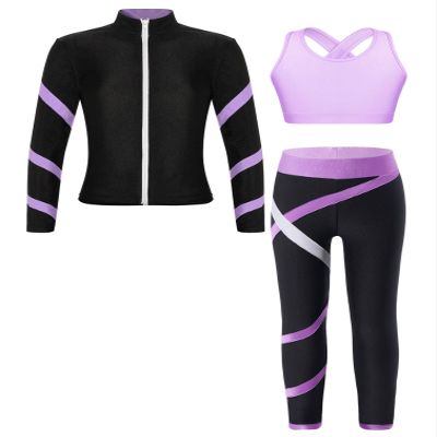 YiZYiF Kids Girls Figure Ice Skating Gym Training Suit Long Sleeve Jacket Sleeveless Crop Tops with Skating Pants Set Lavender 14 Years