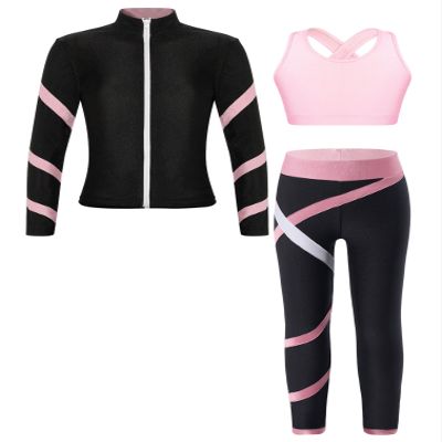 YiZYiF Kids Girls Figure Ice Skating Gym Training Suit Long Sleeve Jacket Sleeveless Crop Tops with Skating Pants Set Pink 8 Years