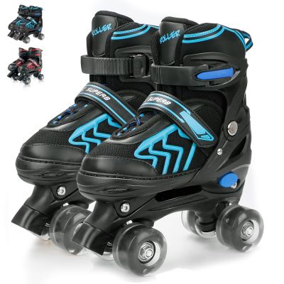HXWY Kids Roller Skates for Boys Girls Child, Adjustable 4 Sizes Quad Roller Skates for Kids and Youth with Light Up Wheels for Sports, Black & Blue (Youth 4-7)